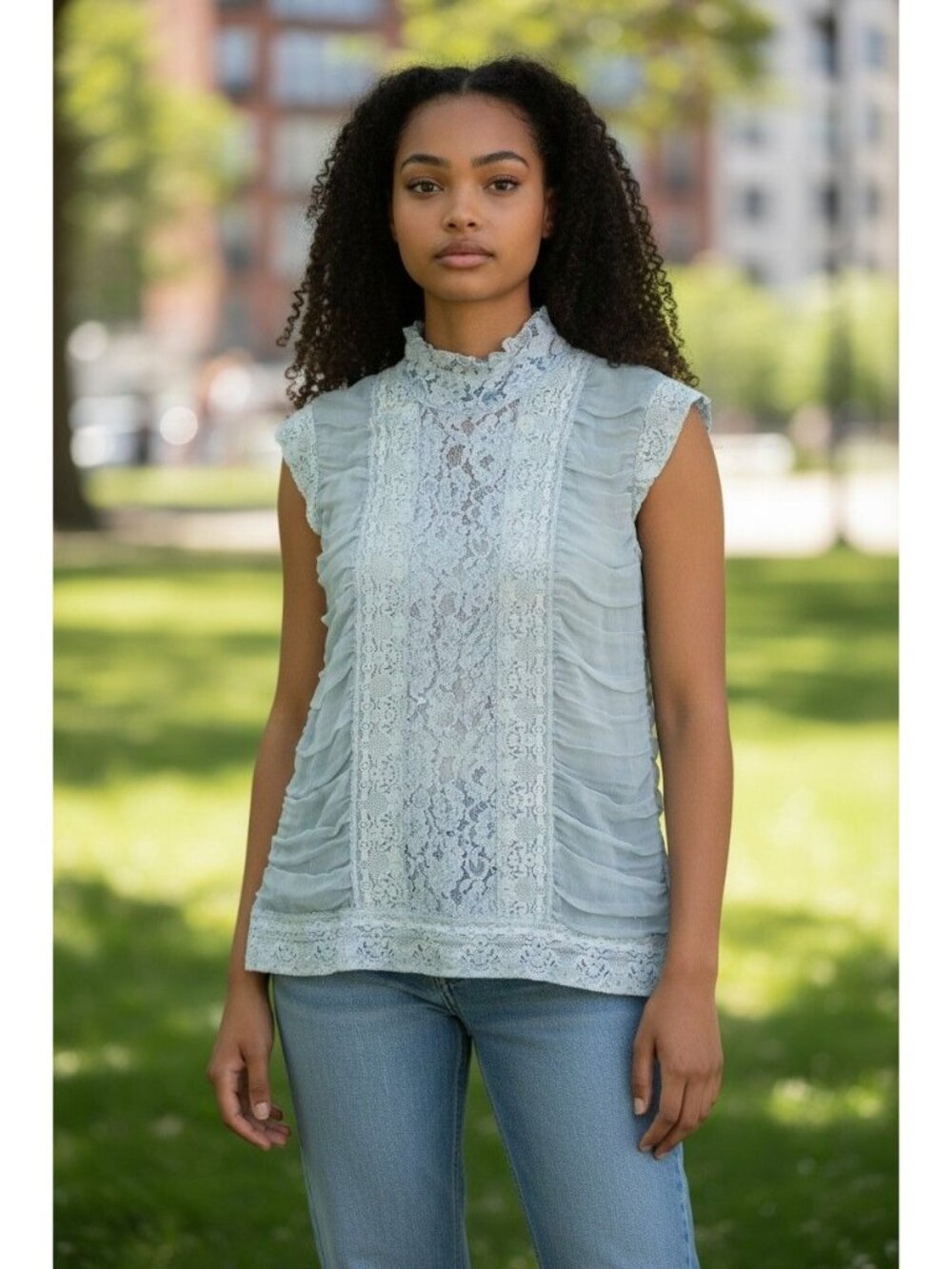 Lace High-Neck Sleeveless Blouse With Sheer Lace Panels In Light Blue/Green Tone